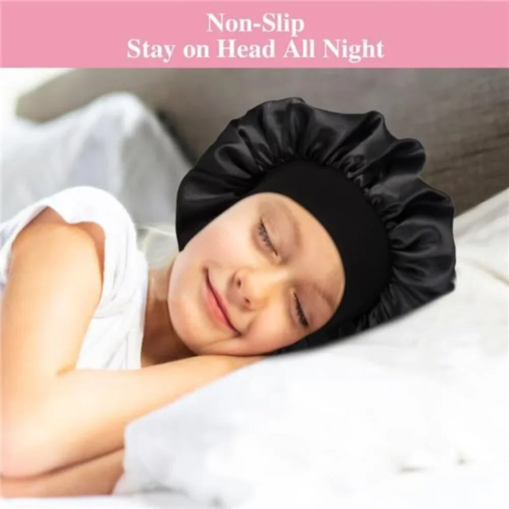 Kids Satin Sleep Bonnets–Soft Adjustable Caps with Wide Bands+6 Bonus Scrunchies